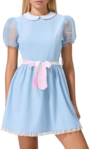 NUFIWI Women Girls Creepy Blue Twin Dress Halloween Costume with Belt
