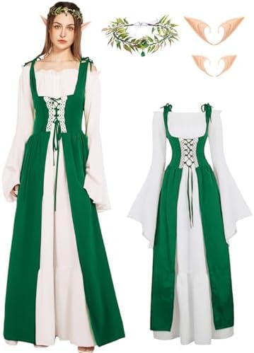 Verceco Renaissance Dress Women Medieval Theme Flower Crown Elastic Ruffle Dress