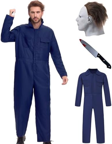 Navy Blue Jumpsuit Halloween Costume for Men Cosplay Mask Toy Knife Included