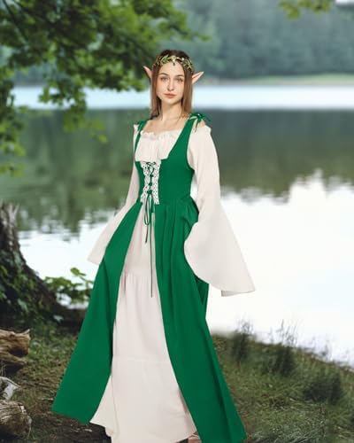 Verceco Renaissance Dress Women Medieval Theme Flower Crown Elastic Ruffle Dress