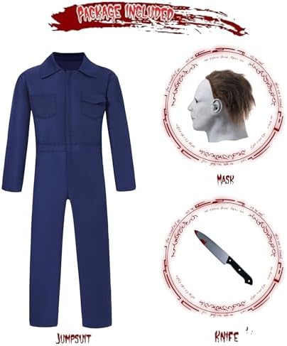 Navy Blue Jumpsuit Halloween Costume for Men Cosplay Mask Toy Knife Included
