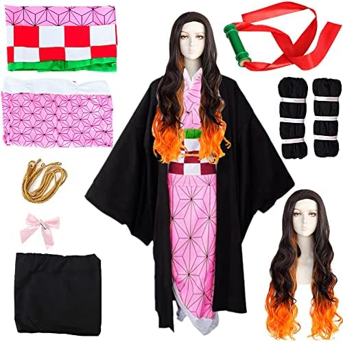Anime Kids Womens Kamado Cosplay Costume Suit Full Set Kimono for Halloween
