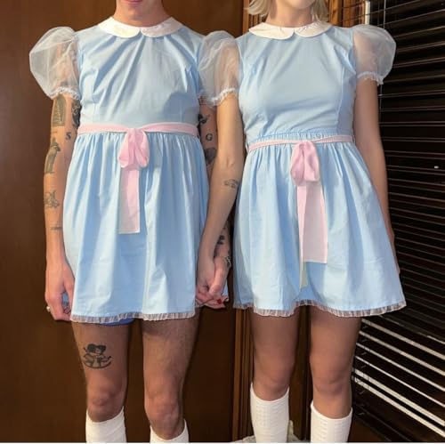 NUFIWI Women Girls Creepy Blue Twin Dress Halloween Costume with Belt