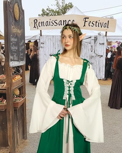 Verceco Renaissance Dress Women Medieval Theme Flower Crown Elastic Ruffle Dress