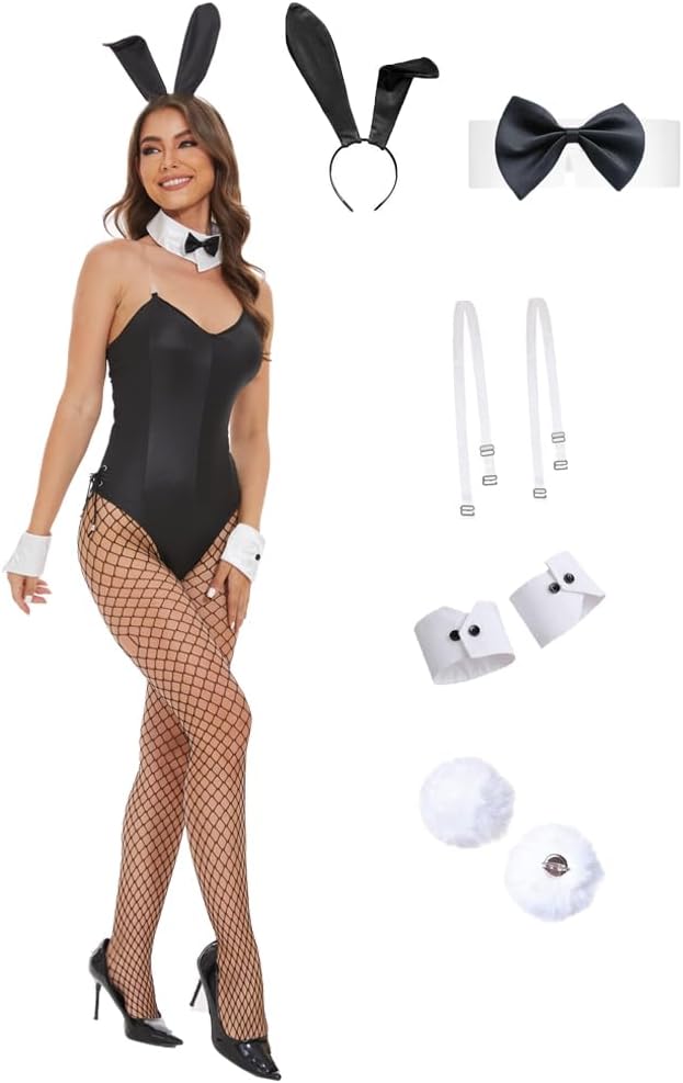 FEAANDI Anime Cosplay Set Rabbit Girl Bodysuit with Headband Cuffs Stockings