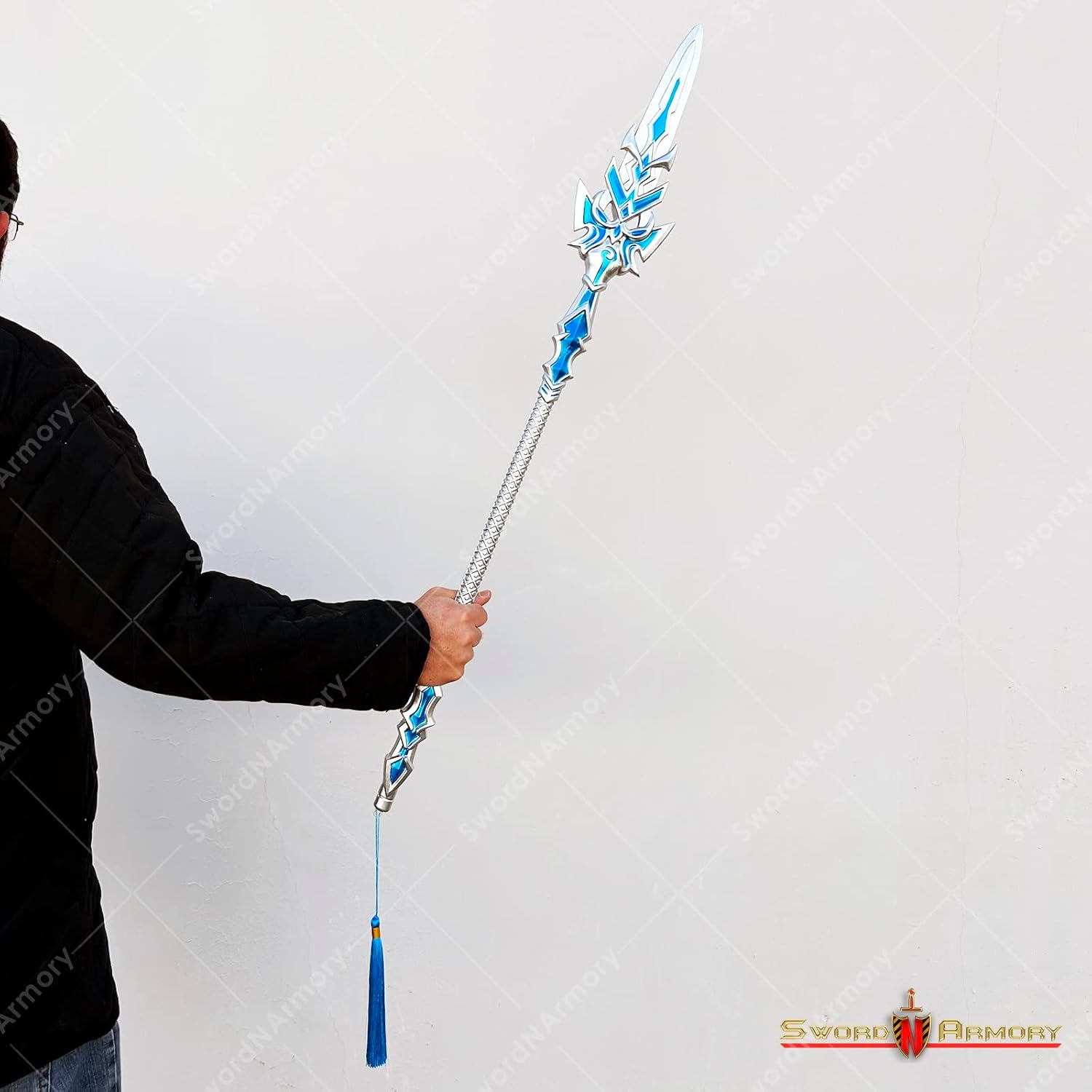 Silver Blue Fantasy Spear Staff - cosplay costume prop