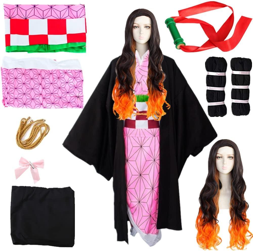 Anime Kids Womens Kamado Cosplay Costume Suit Full Set Kimono for Halloween