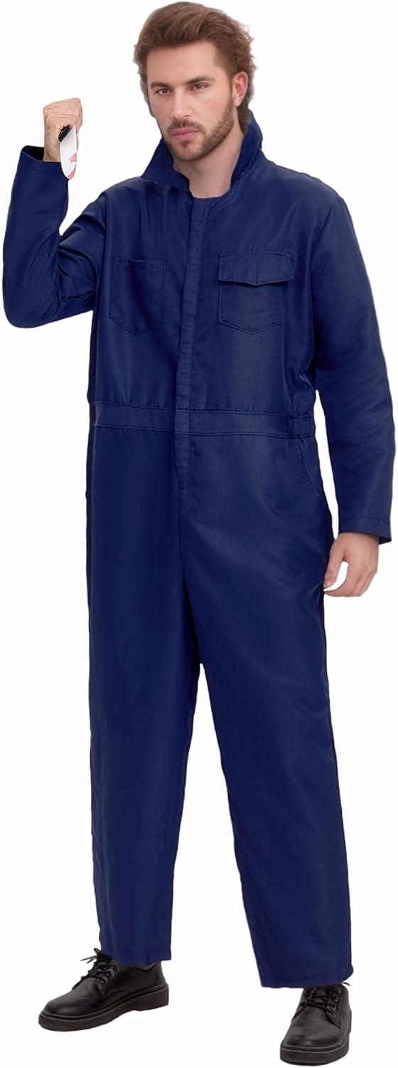 Navy Blue Jumpsuit Halloween Costume for Men Cosplay Mask Toy Knife Included