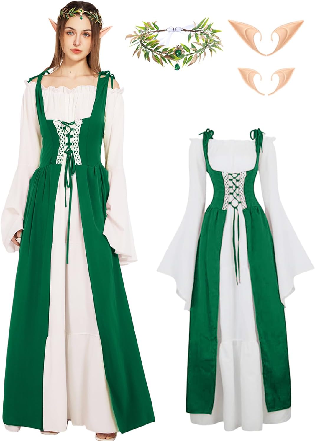 Verceco Renaissance Dress Women Medieval Theme Flower Crown Elastic Ruffle Dress
