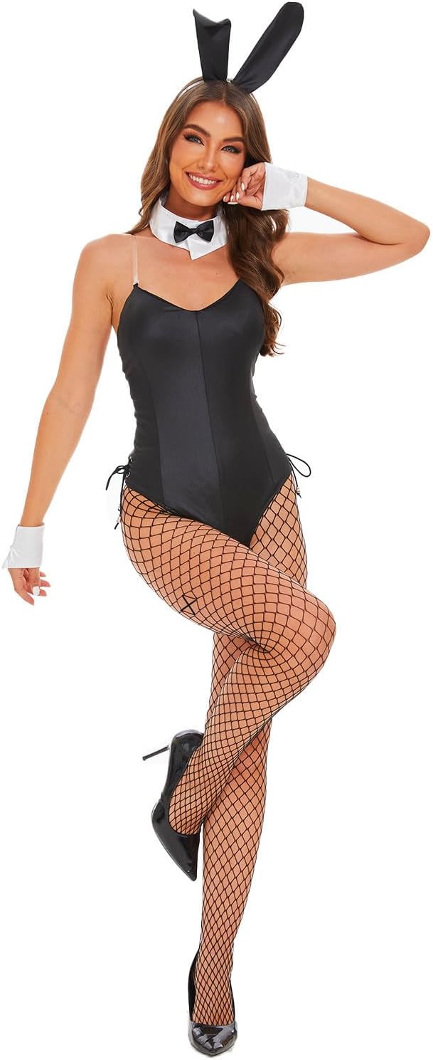 FEAANDI Anime Cosplay Set Rabbit Girl Bodysuit with Headband Cuffs Stockings