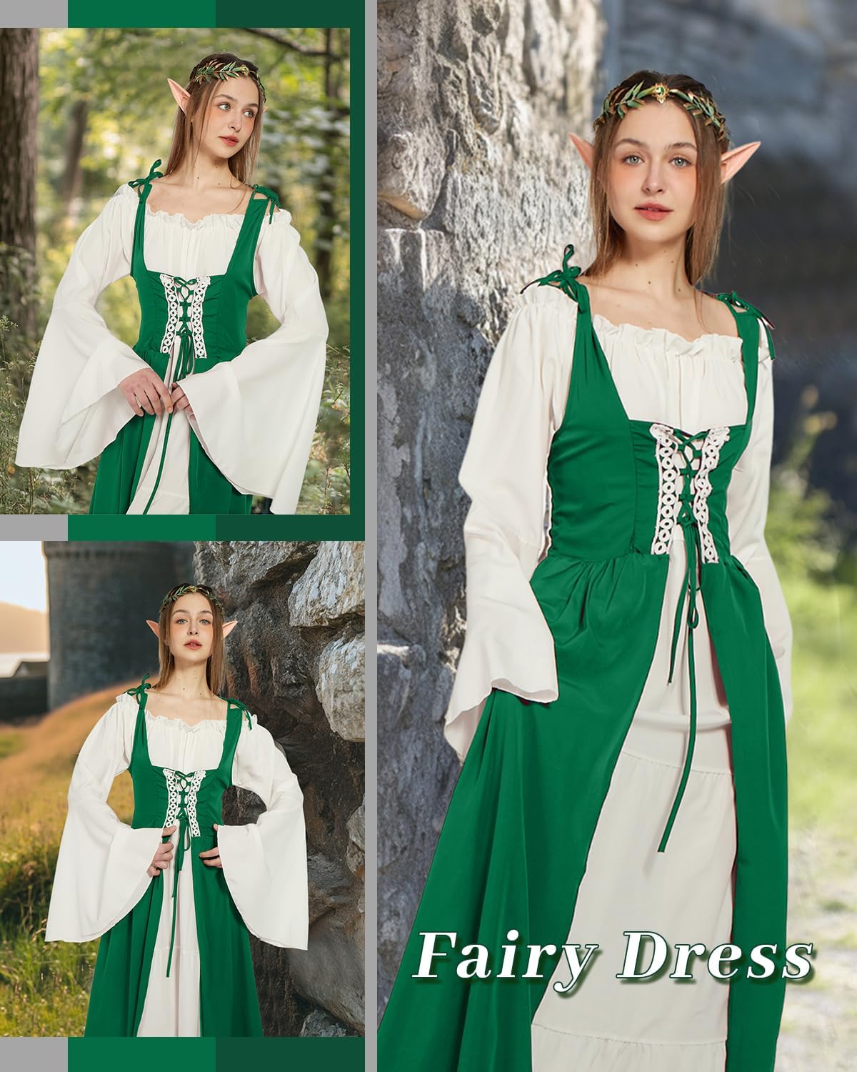 Verceco Renaissance Dress Women Medieval Theme Flower Crown Elastic Ruffle Dress