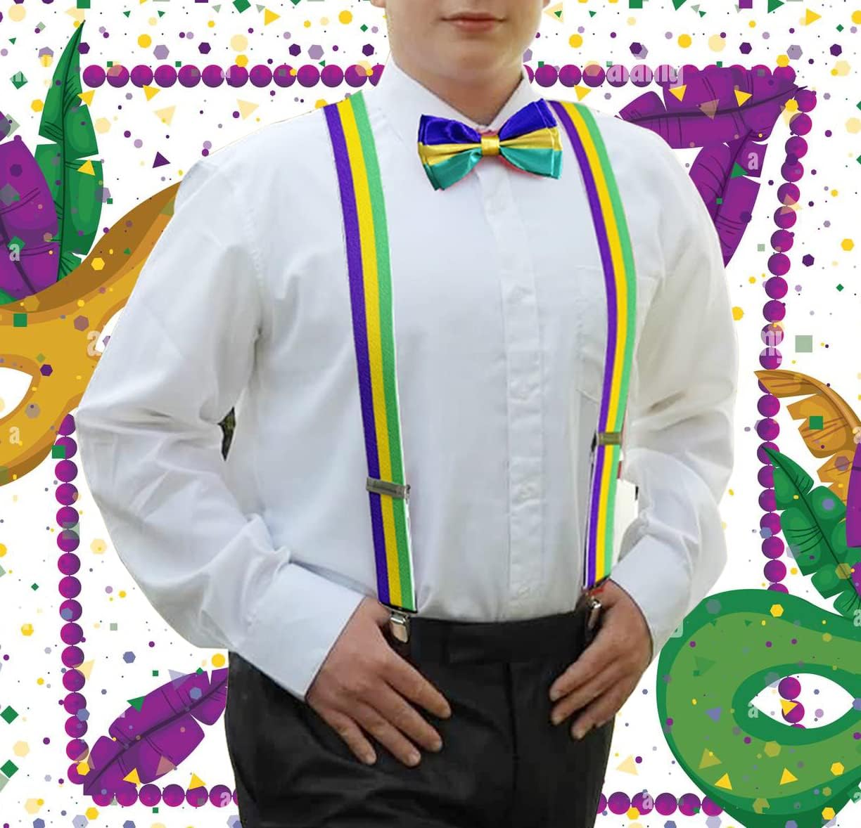 Mardi Gras suspenders and bow tie set for men