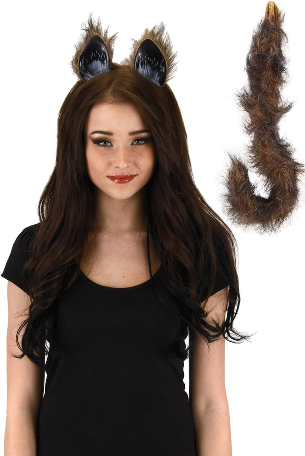 Furry Brown Cat Ears Tail Set - Posable Cat Costume for Women