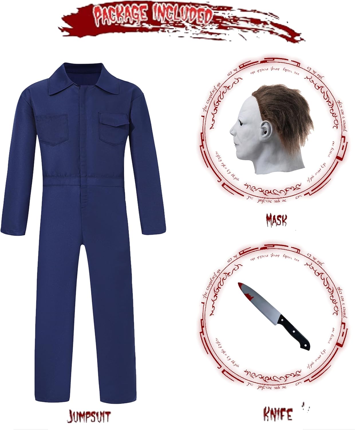 Navy Blue Jumpsuit Halloween Costume for Men Cosplay Mask Toy Knife Included