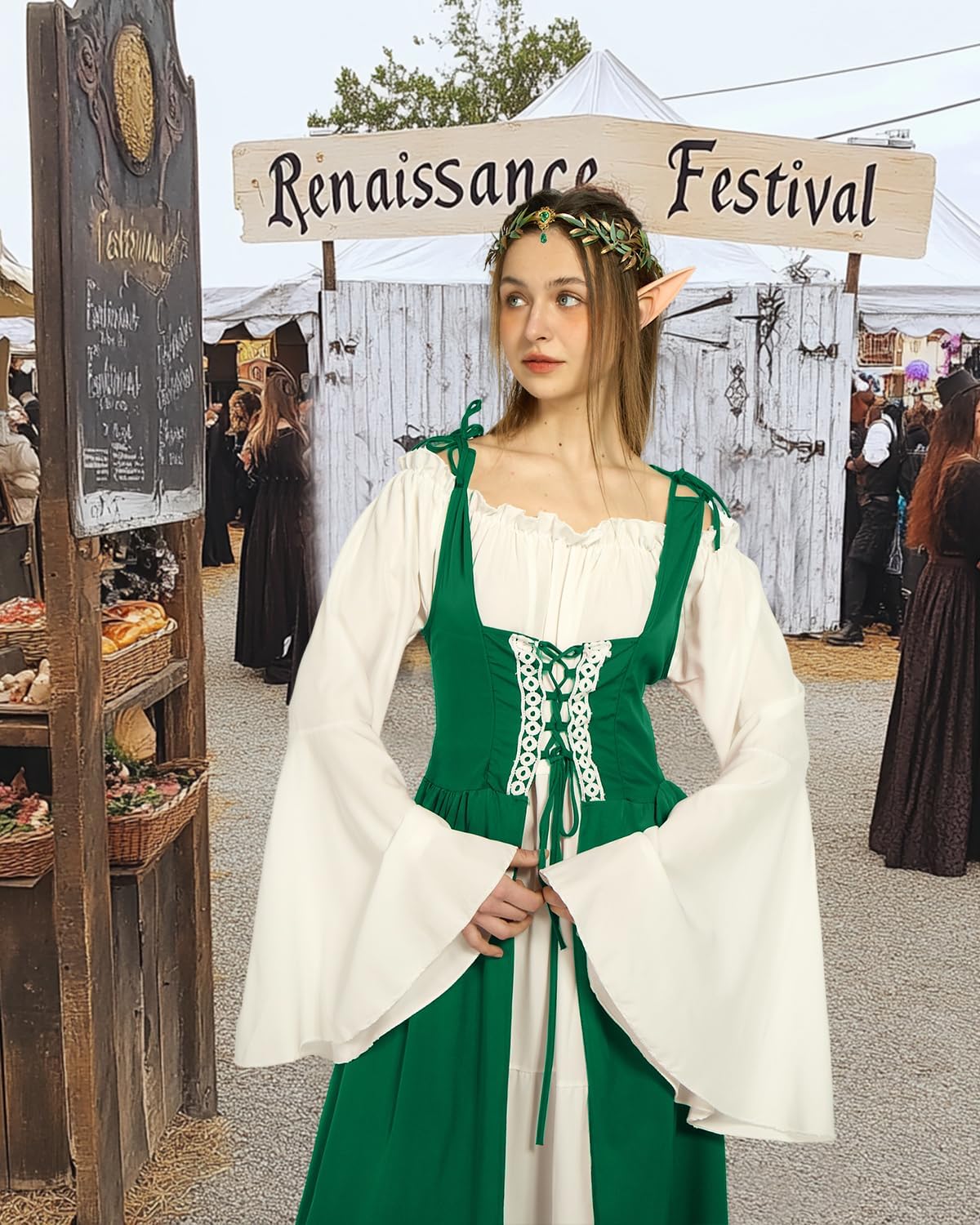 Verceco Renaissance Dress Women Medieval Theme Flower Crown Elastic Ruffle Dress