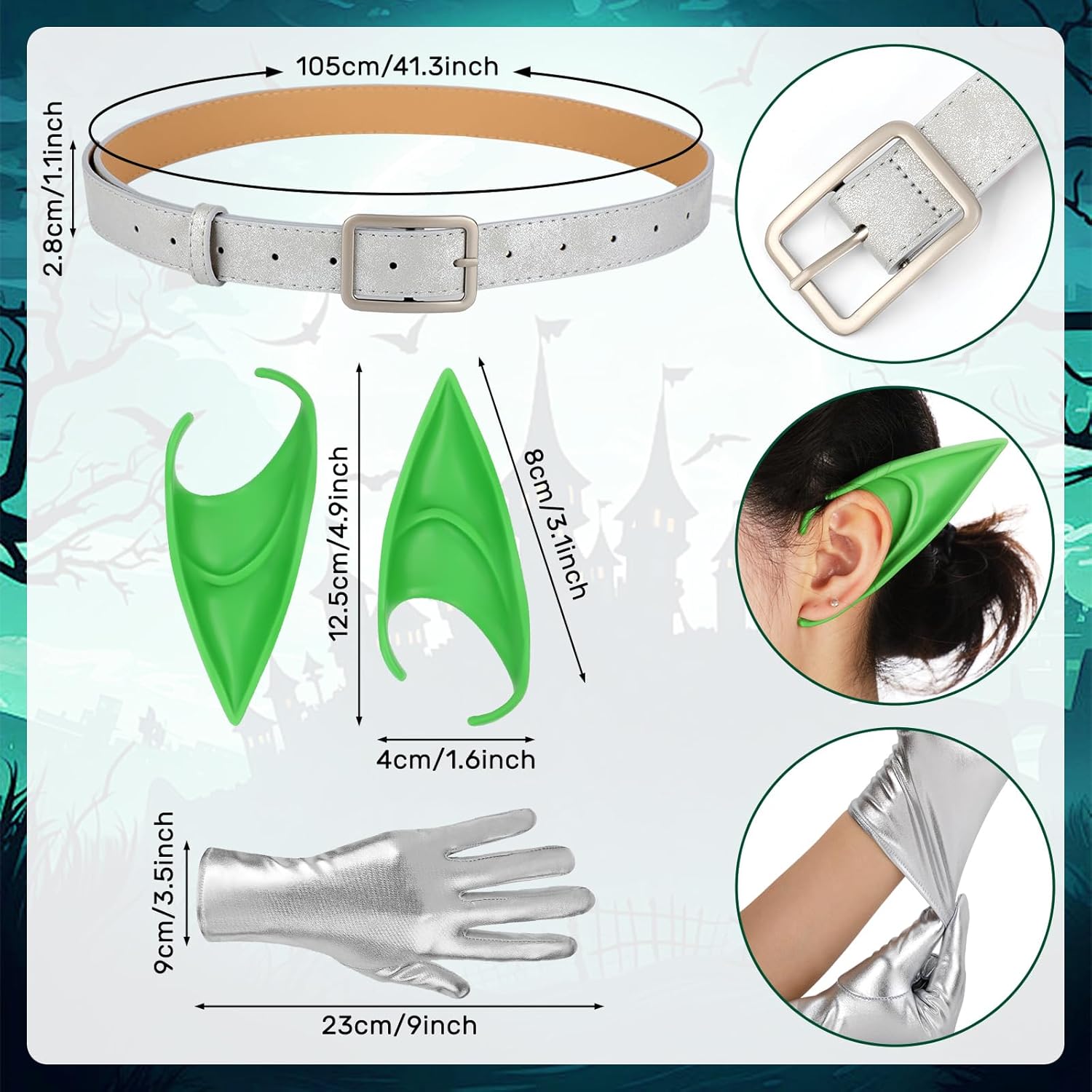 Halloween Mens costume set includes gloves belt elf ears wig