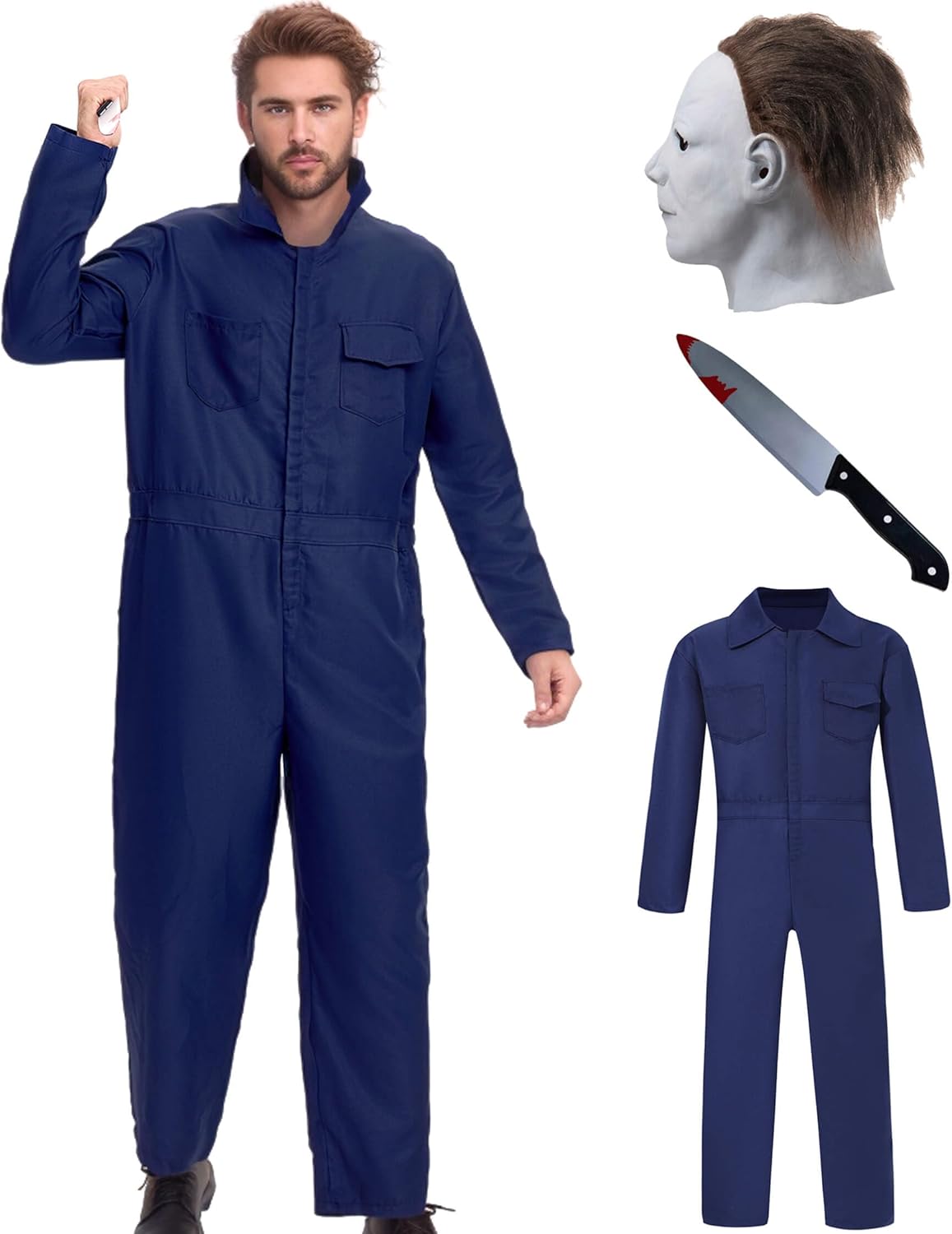 Navy Blue Jumpsuit Halloween Costume for Men Cosplay Mask Toy Knife Included