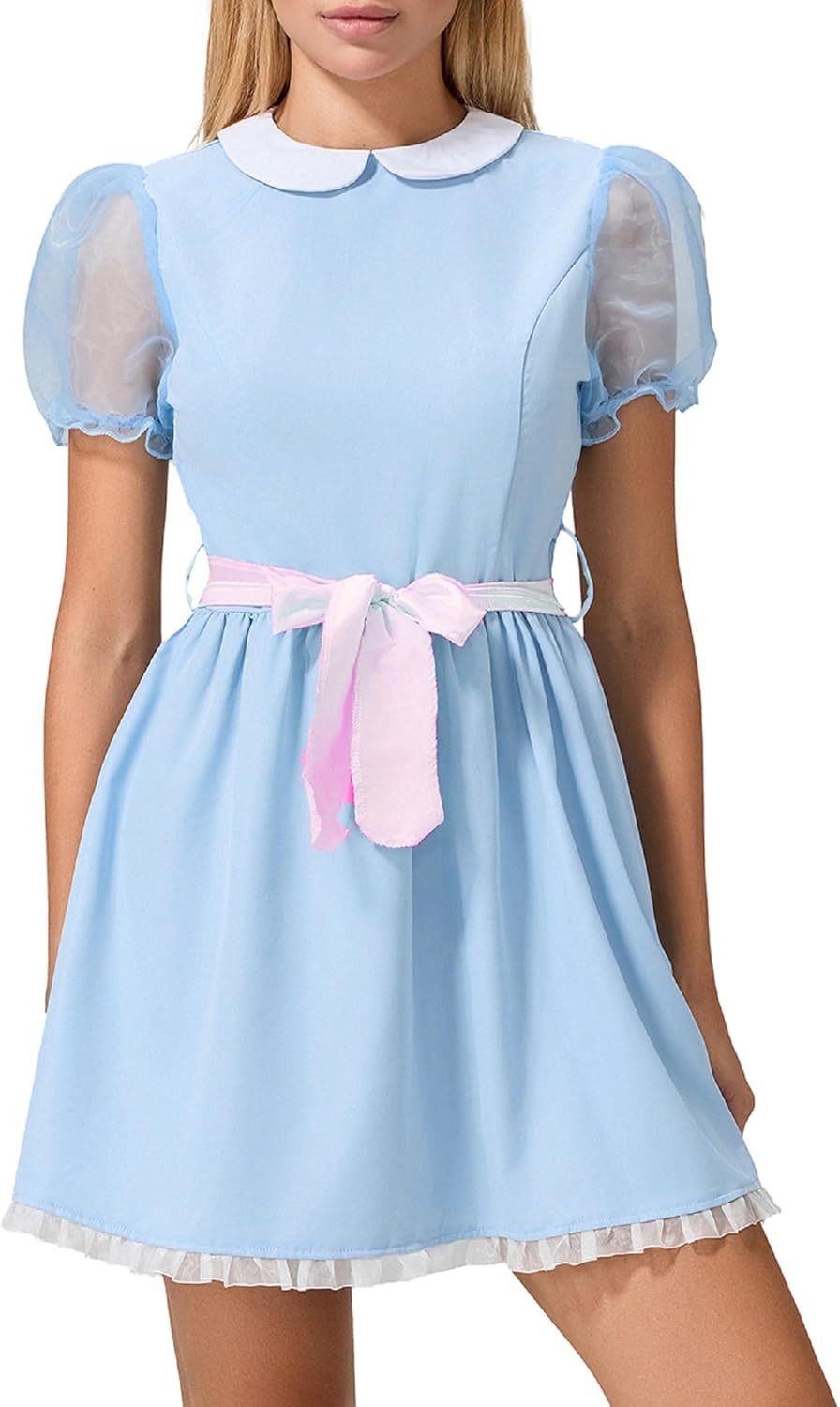 NUFIWI Women Girls Creepy Blue Twin Dress Halloween Costume with Belt