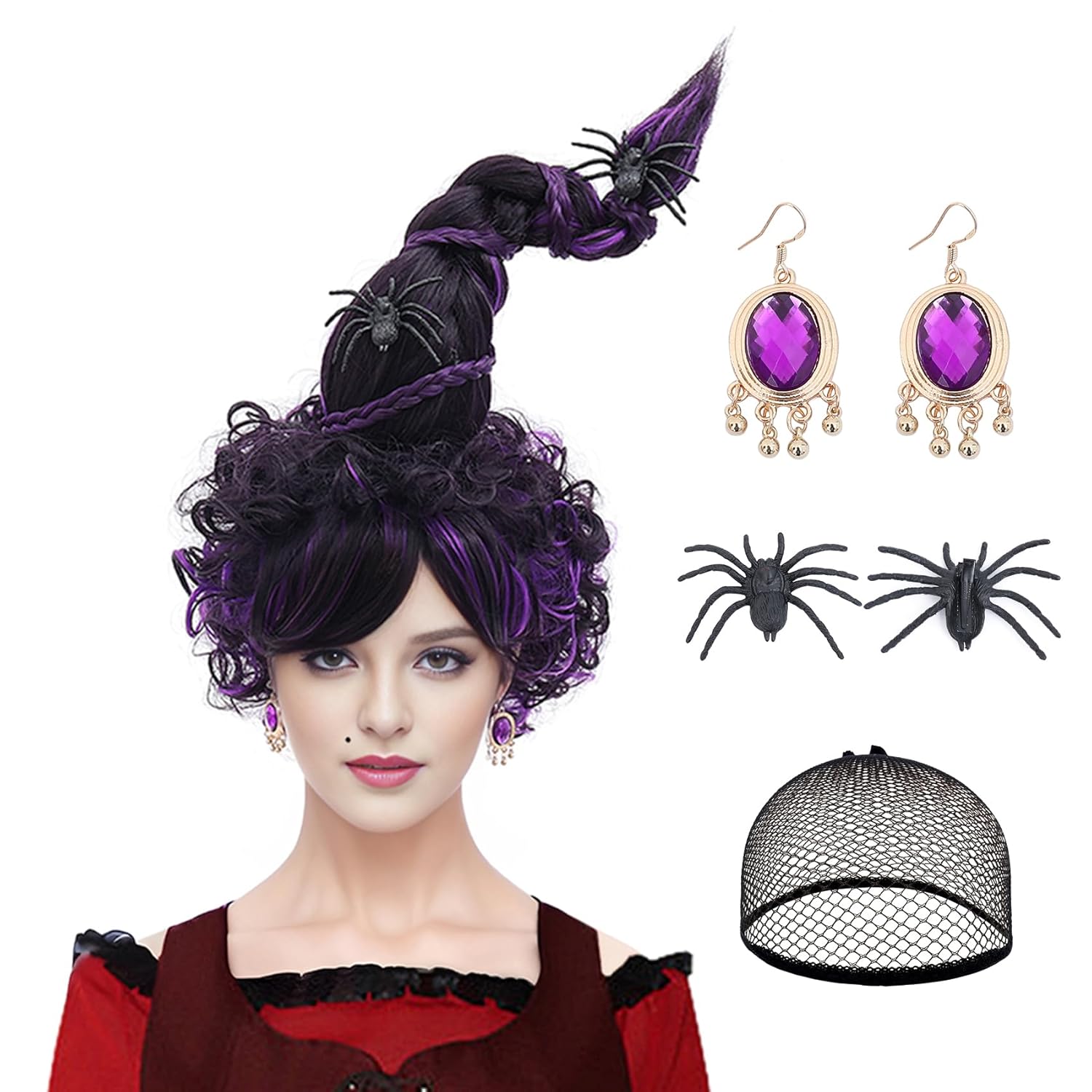 Vivid Purple Halloween Witches Hat Wig Set for Women
