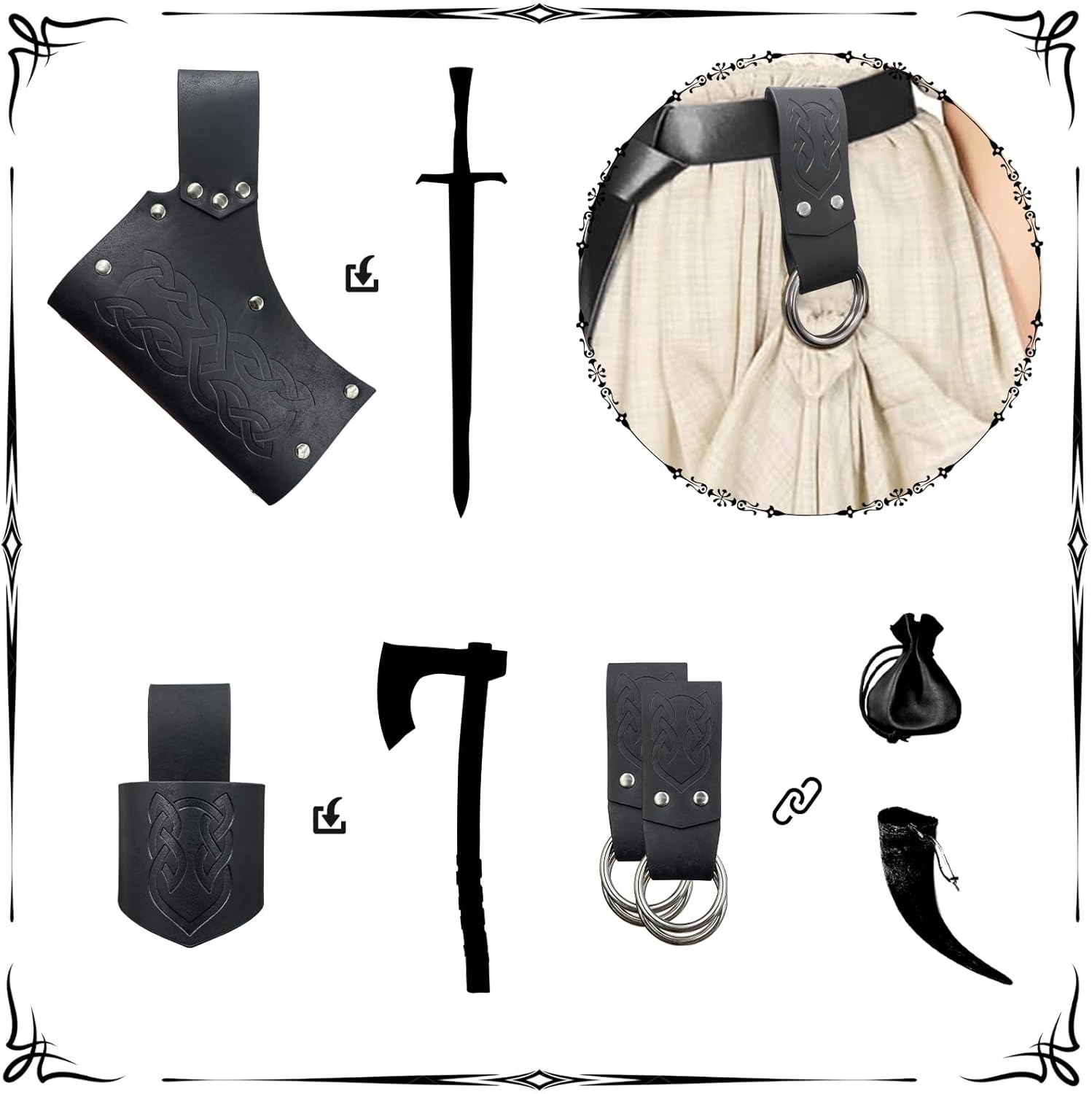 HiiFeuer 5-Piece Medieval Belt Set - Holster Dagger Horn Fast Faithful