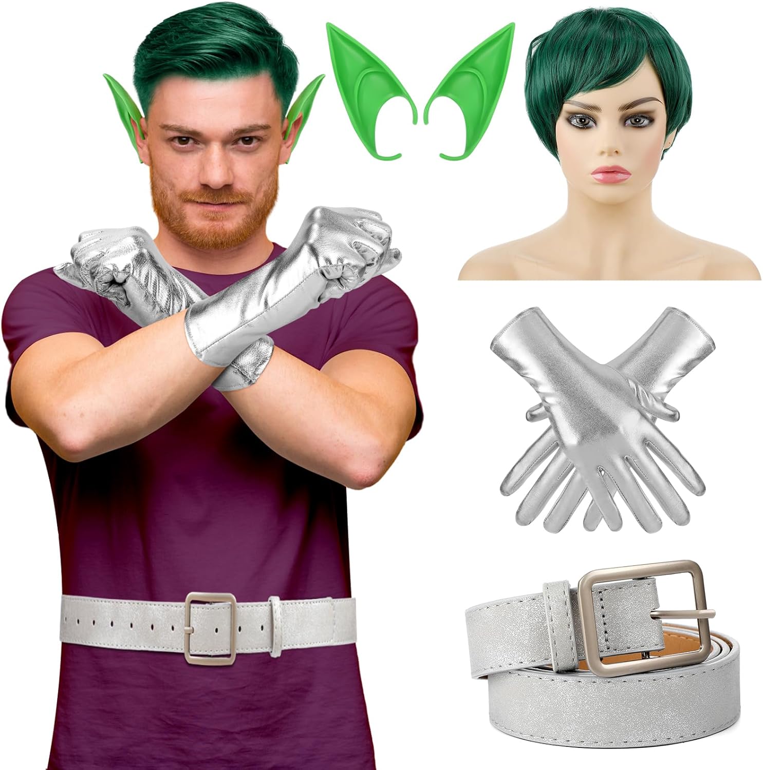 Halloween Mens costume set includes gloves belt elf ears wig
