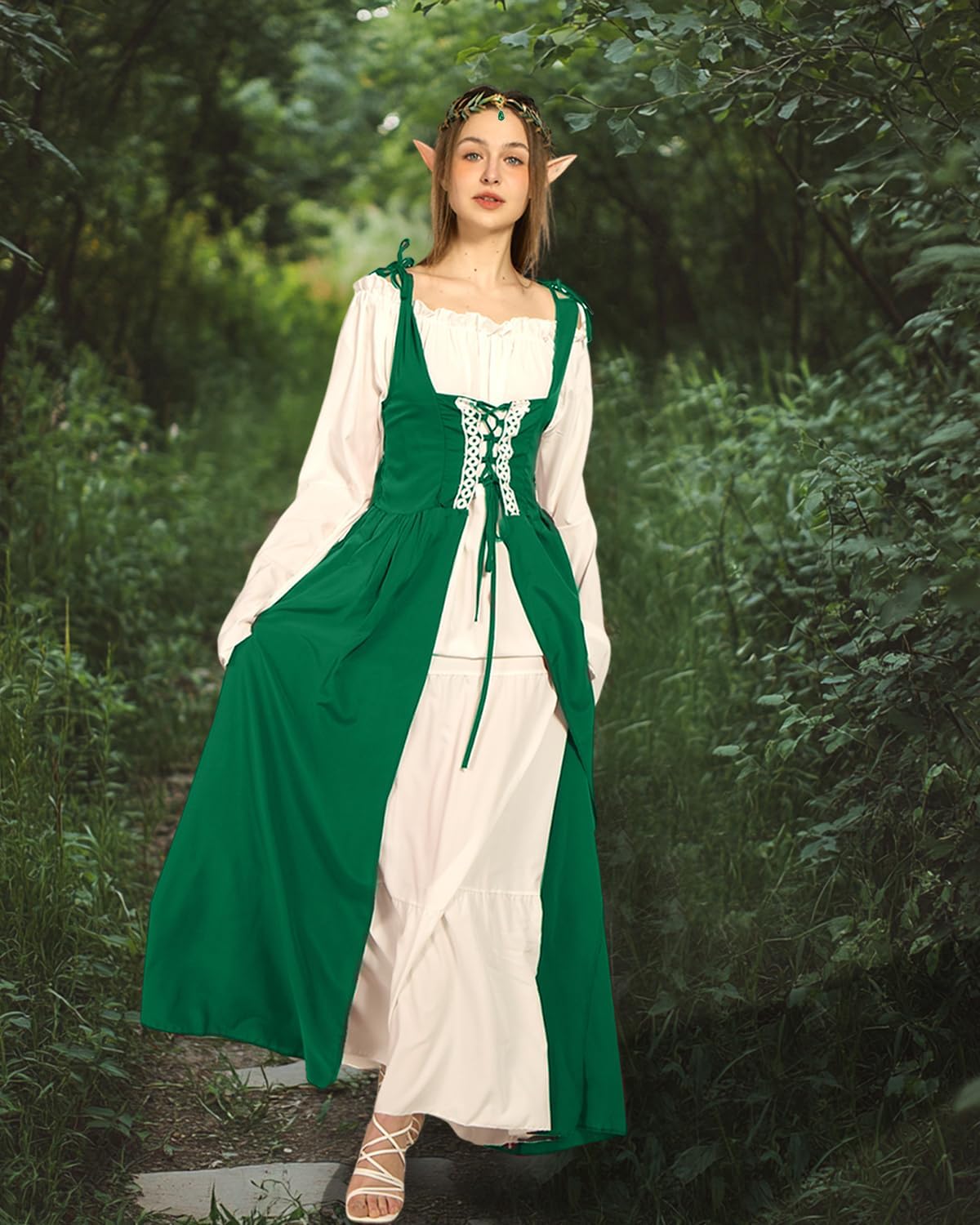 Verceco Renaissance Dress Women Medieval Theme Flower Crown Elastic Ruffle Dress