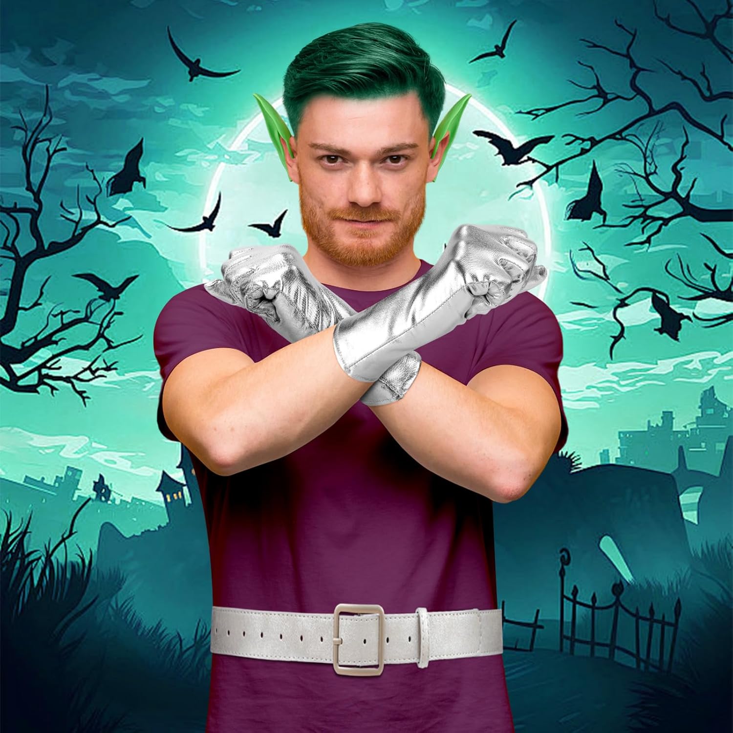 Halloween Mens costume set includes gloves belt elf ears wig