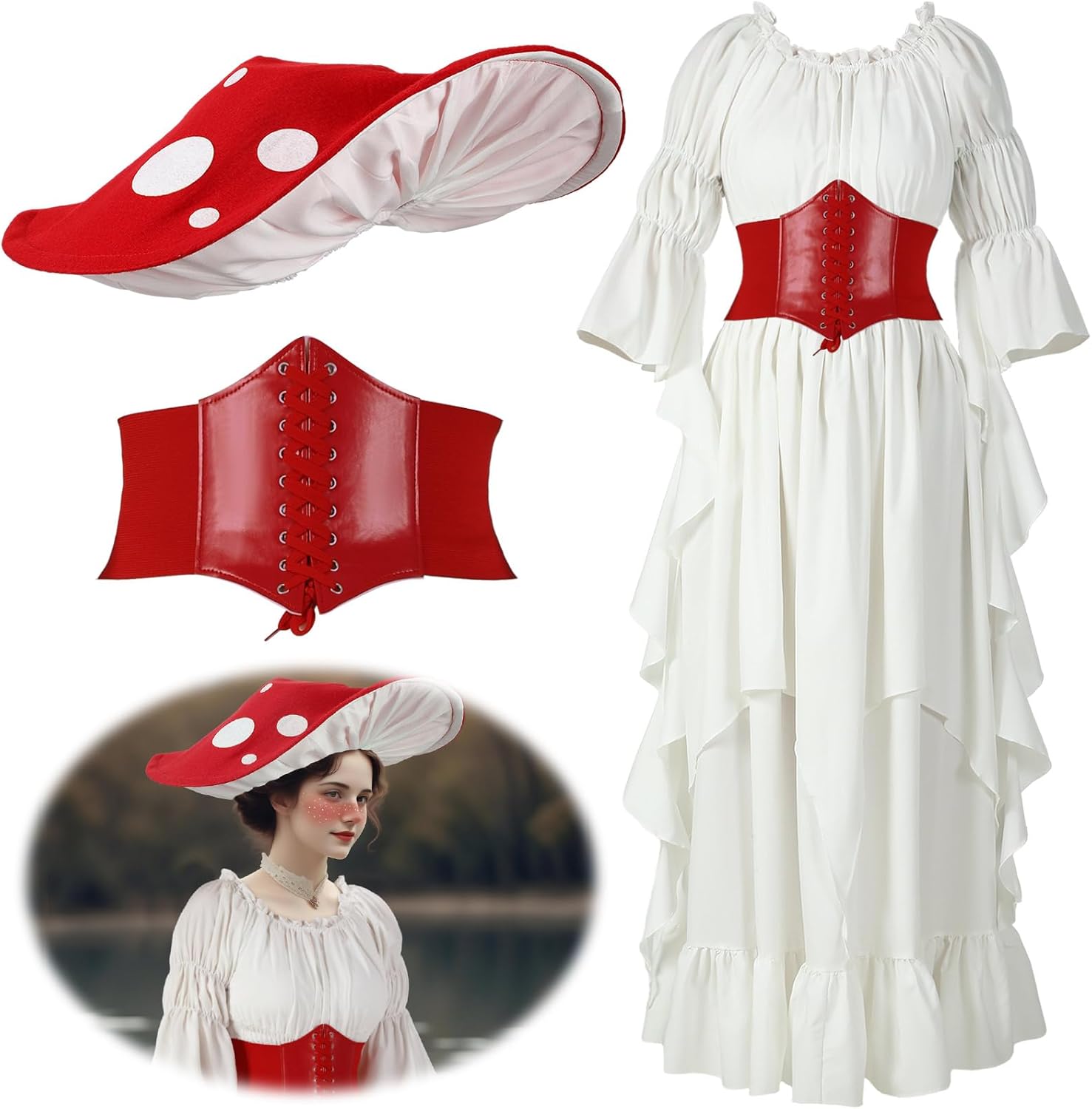 Renaissance Womens Fairy Costume with Hat and Belt