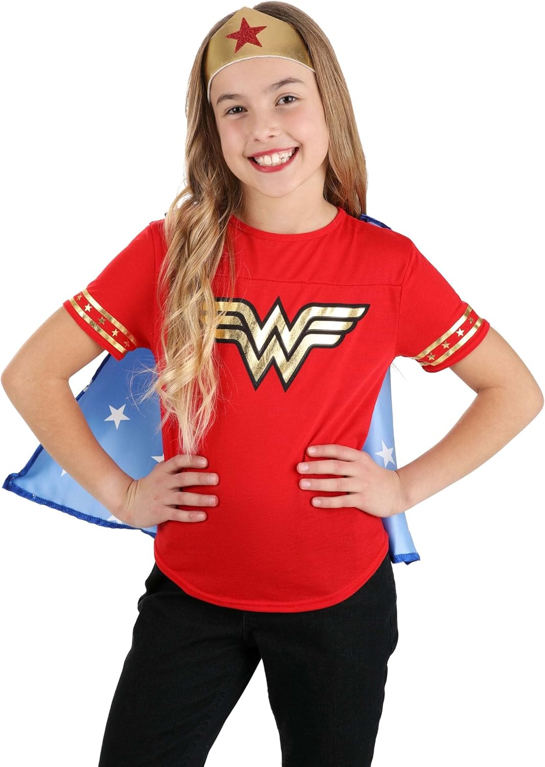 Girls Red White Blue Wonder Woman Costume Set with Cape Headpiece
