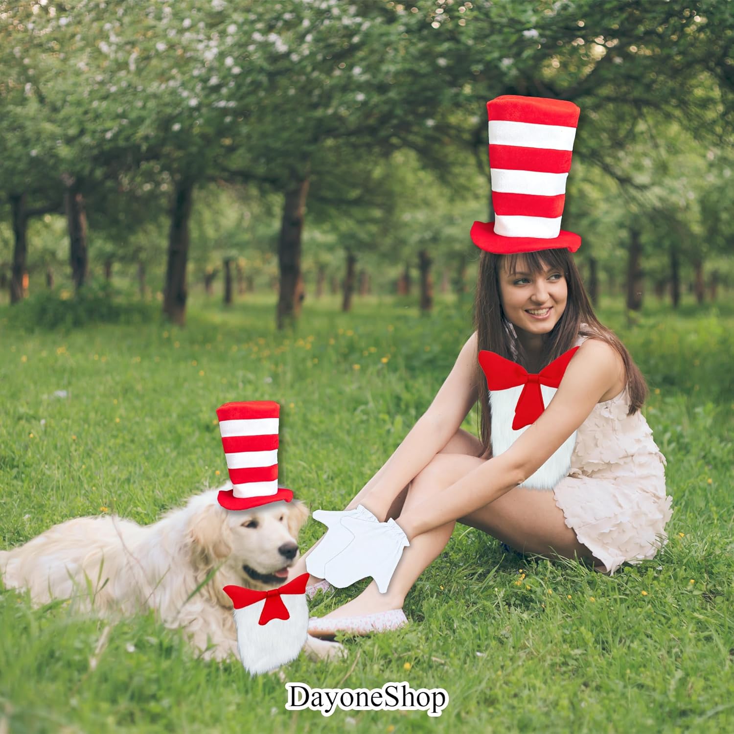Red Striped Hat White Gloves Costume Set for Halloween