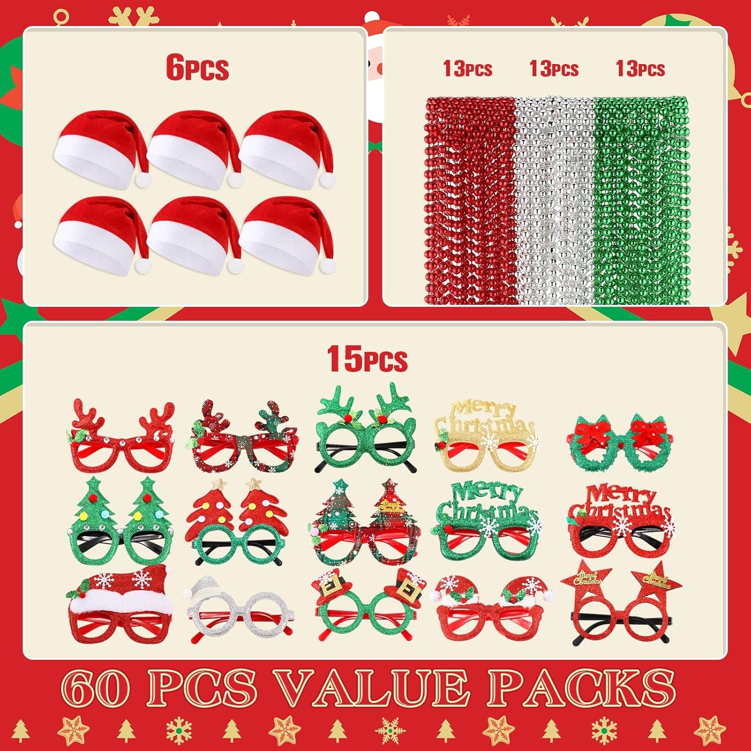 Shappy Christmas GlassSanta Hat 60 Pcs Christmas Accessories