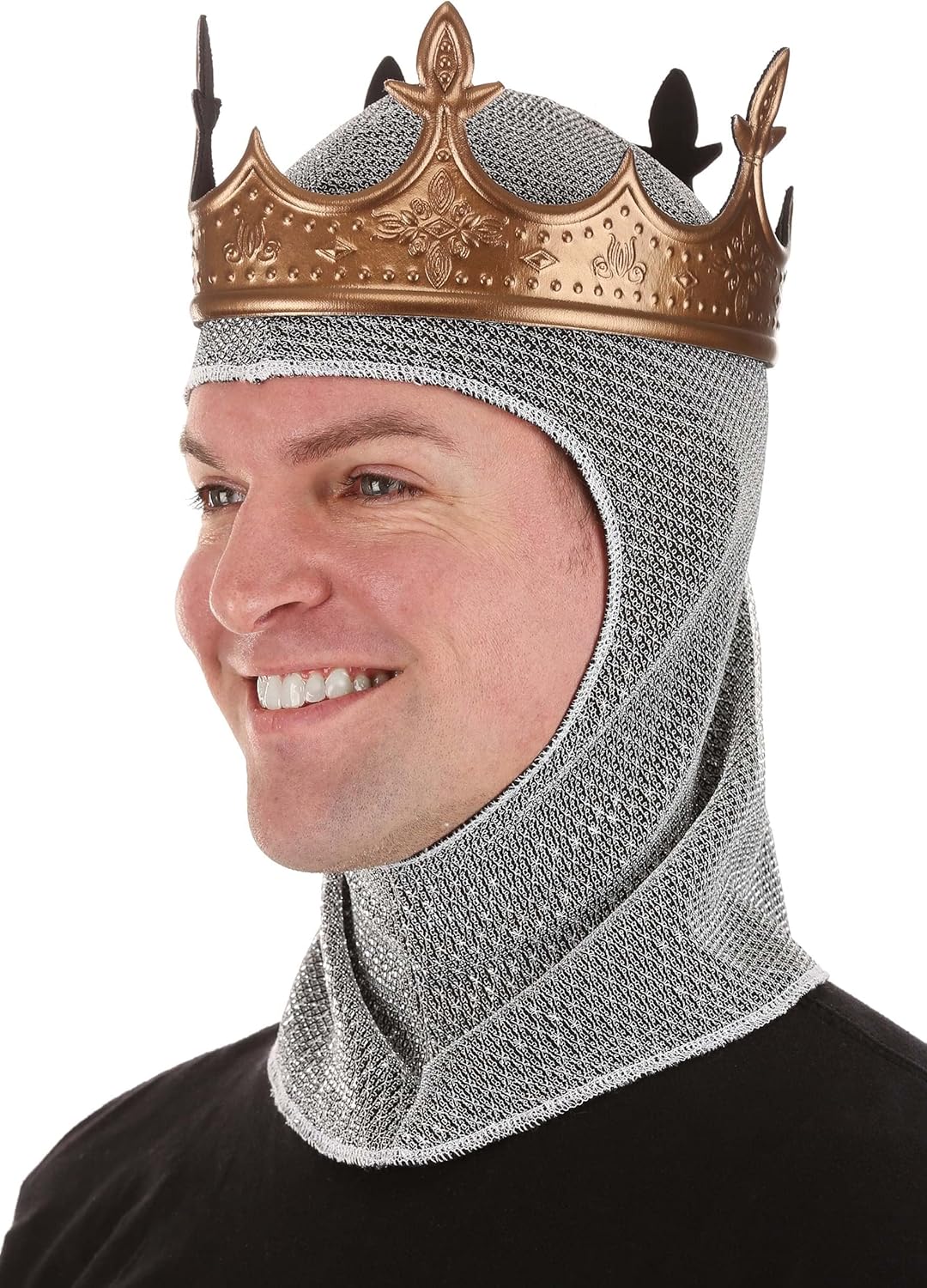 Mens Chain Mail Costume Crown with Faux Leather Hood