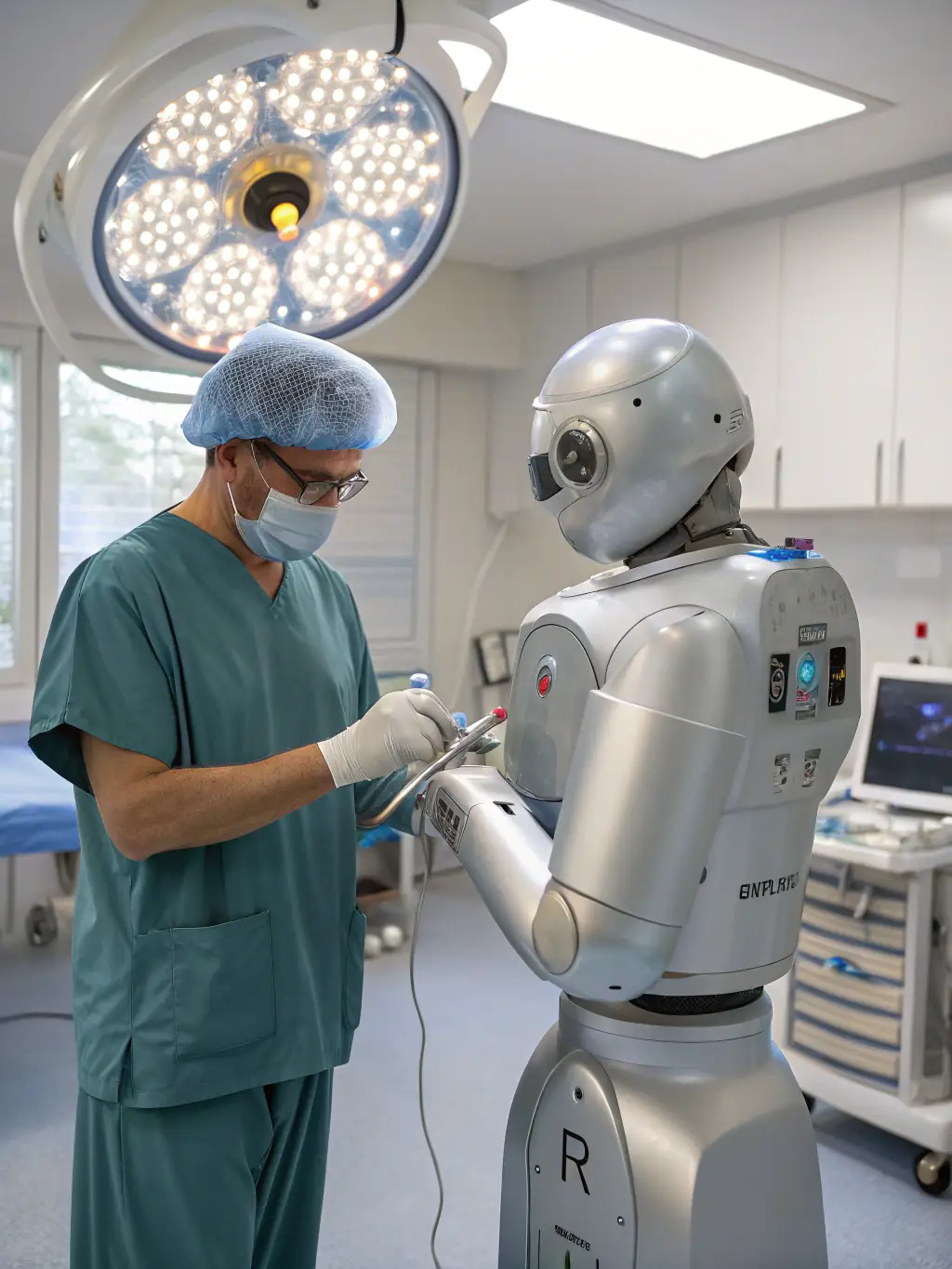 An AI-powered robot assisting a doctor in a hospital setting, representing AI implementation in healthcare.
