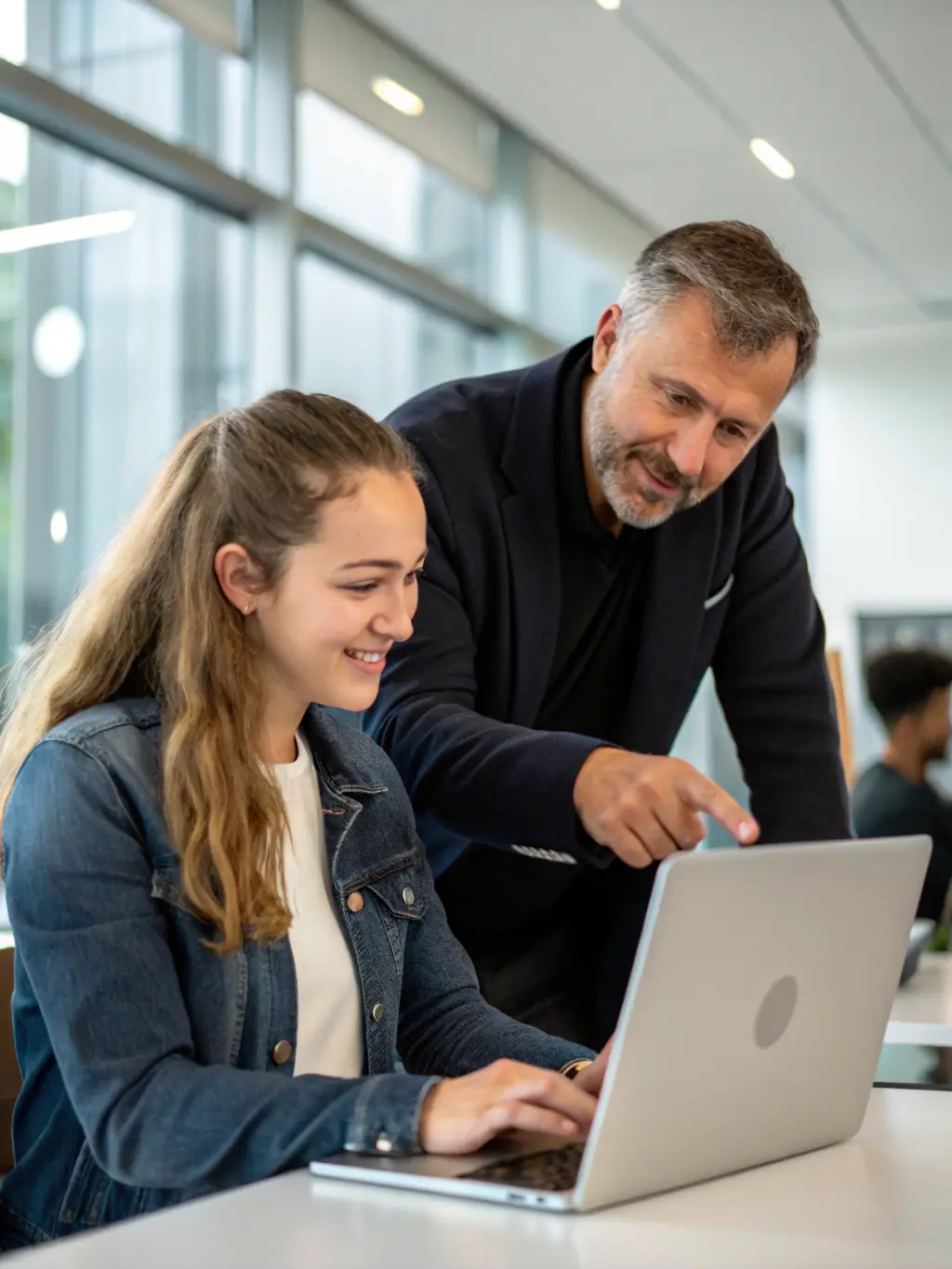 A professional consultant is presenting a technology roadmap to a client in a modern office setting, emphasizing strategic planning and innovation.