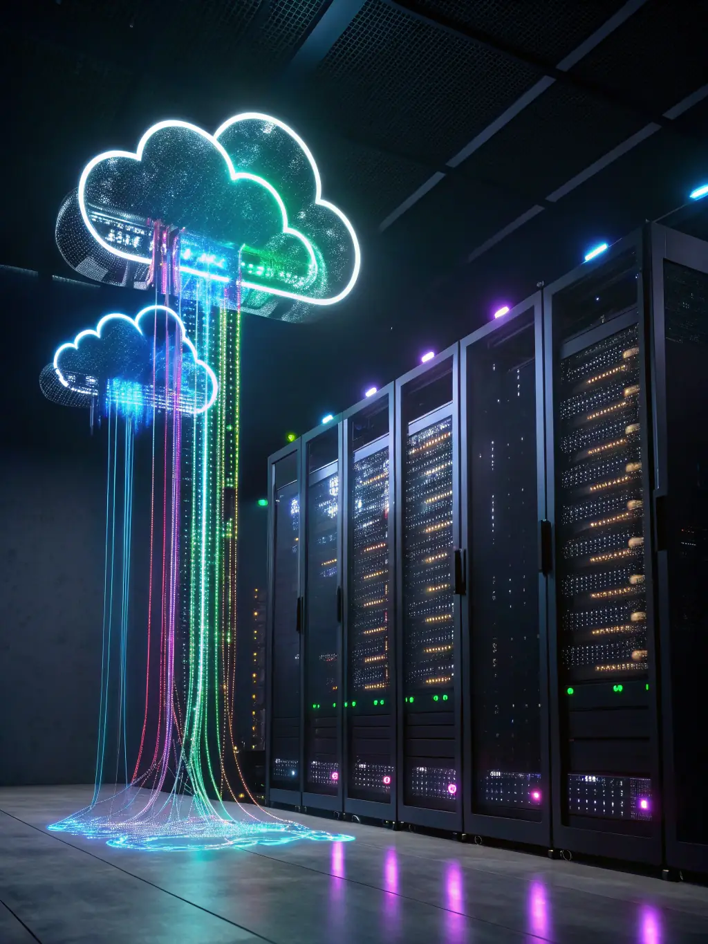 An image depicting a secure cloud environment with interconnected servers and data streams, symbolizing MALAWITECH LTD's proficiency in cloud computing solutions.
