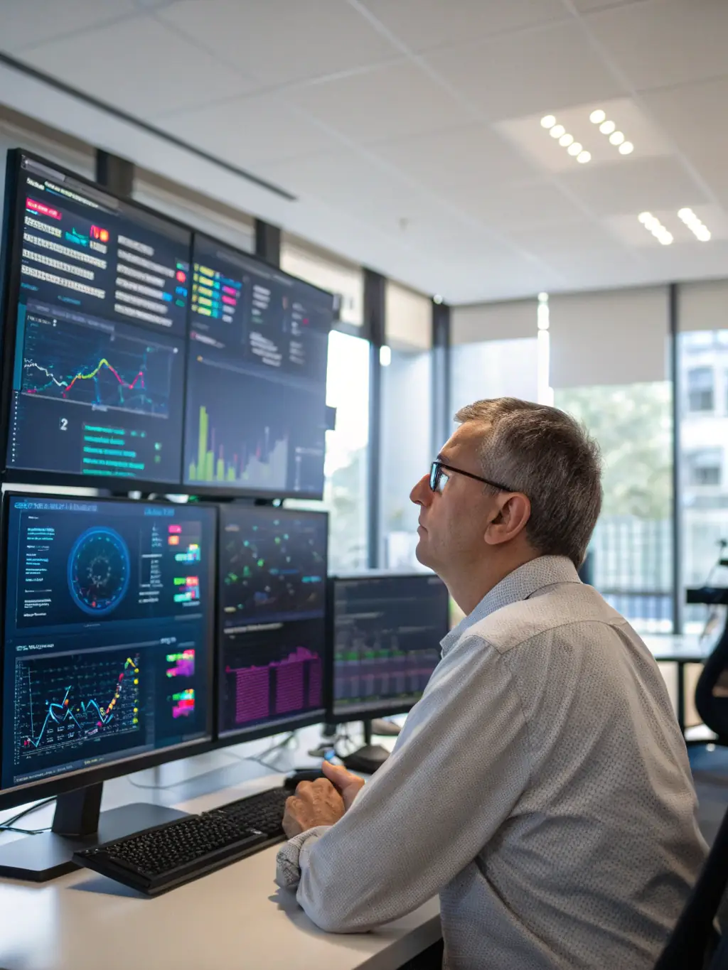 A professional photograph of a data scientist working with complex datasets, visualizing trends and patterns on a large monitor in a modern office setting, representing MALAWITECH LTD's expertise in data analytics.
