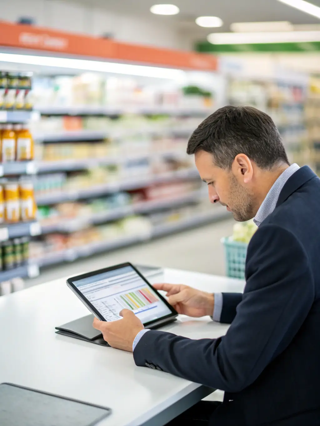 A professional consultant in a suit, analyzing data on a tablet, with a modern office background, representing technology consulting services.