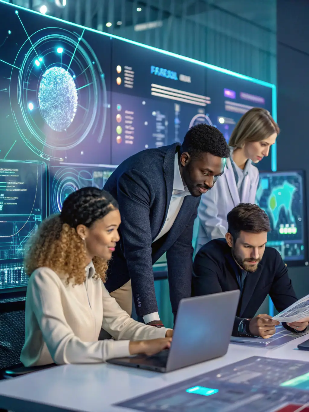 A diverse team of MALAWITECH LTD consultants collaborating on a digital transformation project, showcasing their expertise and teamwork.