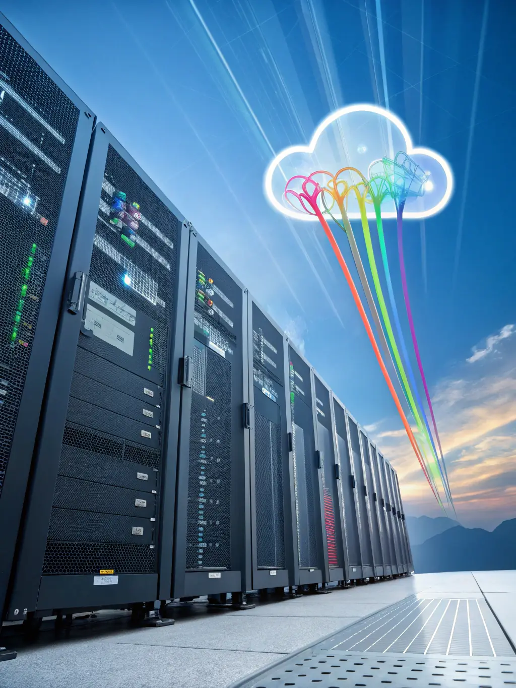 A secure cloud server icon with data flowing through it, symbolizing cloud migration services.